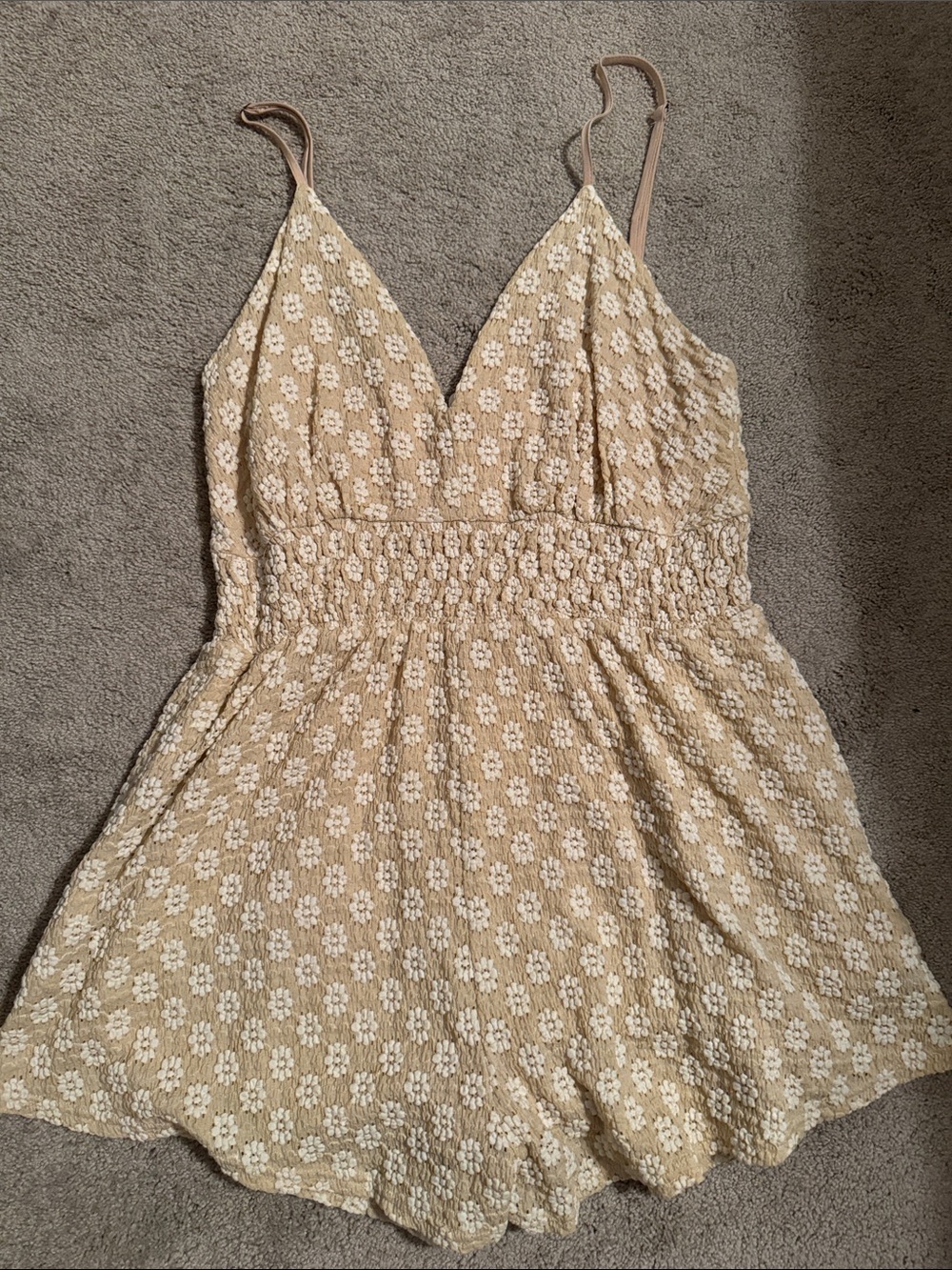 NWT Beige Floral Lace Romper with Smocked Waist